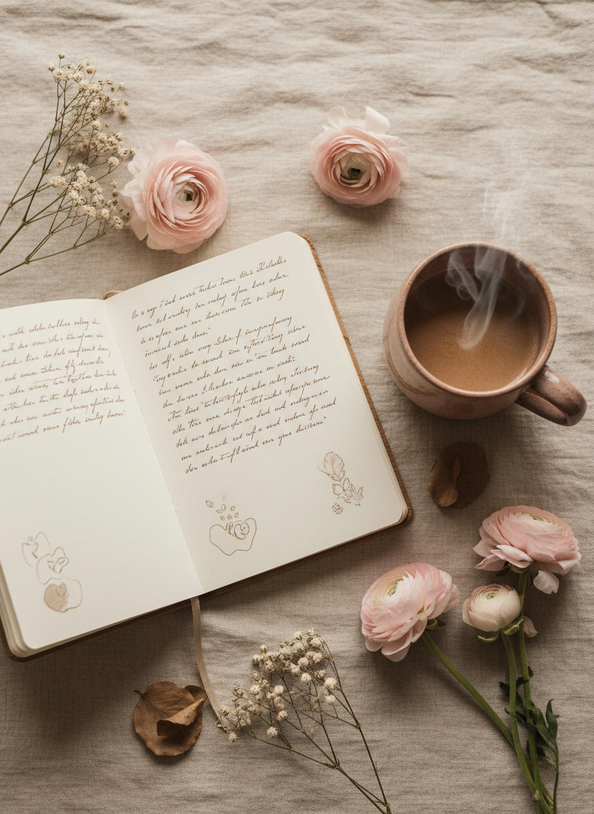 Soft, cozy flat-lay for the About section: an open journal with handwritten notes, a warm coffee in a simple ceramic mug, and a few delicate flowers on a neutral linen surface. Neutral beiges and soft muted pinks, feminine and gentle, minimal background, no people, not corporate.