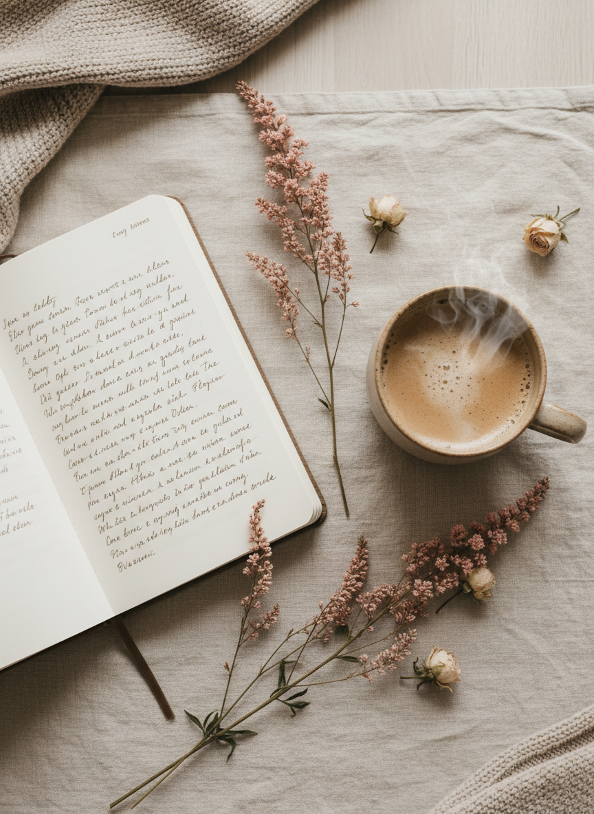 Soft, cozy flat-lay for the Welcome section: an open journal with handwritten notes, a warm coffee in a simple ceramic mug, and a few delicate flowers on a neutral linen surface. Neutral beiges and soft muted pinks, feminine and gentle, minimal background, no people, not corporate.