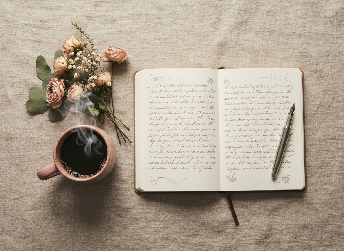 Soft, cozy flat-lay featuring a journal with gentle handwritten notes, a steaming ceramic mug of coffee, and delicate flowers arranged on a neutral linen surface. Warm neutral beiges and soft muted pinks, minimalist composition, no people, no corporate elements, contemplative and calming atmosphere.