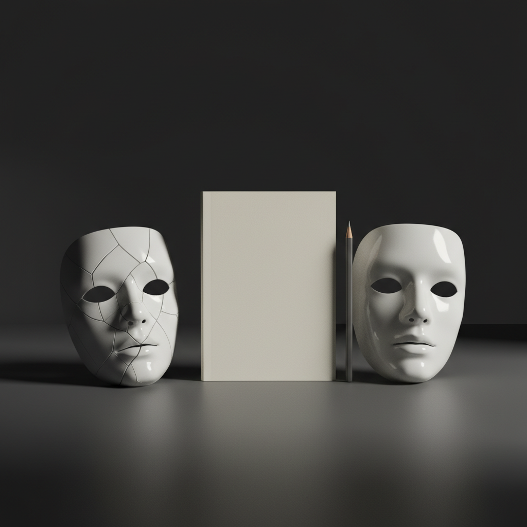 A symbolic still life featuring a cracked porcelain mask lying beside a pristine, uncracked one on a matte charcoal surface, both slightly turned away from each other. Between them rests a slim, untouched notebook with a soft ivory cover and a fine graphite pencil aligned neatly along its edge. A single beam of soft, directional light from the right side highlights the intact mask and notebook, leaving the cracked mask partially in shadow. The background is a smooth, dark gradient with no clutter, emphasizing the central objects. Photographed from an eye-level angle with sharp focus and subtle reflections, the composition feels modern and sophisticated. The mood is contemplative yet empowering, visually expressing the shedding of false narratives and the quiet sovereignty of writing one’s own truth in a safe, literary sanctuary.