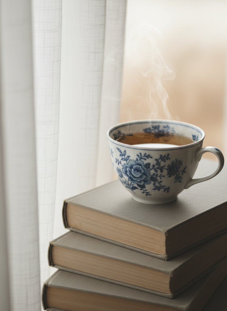 A close-up of a delicate porcelain teacup filled with herbal tea, placed on a stack of three soft-grey, cloth-bound books that show slight wear along the spines. A sheer white curtain billows gently in the blurred background, suggesting a quiet, protected room. Soft overcast light filters through the fabric, creating an even, diffused illumination that highlights the steam rising from the tea in faint wisps. The image is framed from a slightly low angle, focusing on the rim of the cup and the subtle textures of the book covers, with the background falling into creamy bokeh. The scene feels like a pause between sentences, serene and restorative, embodying emotional recovery and the reclaiming of calm after psychological conflict, rendered in refined photographic realism.