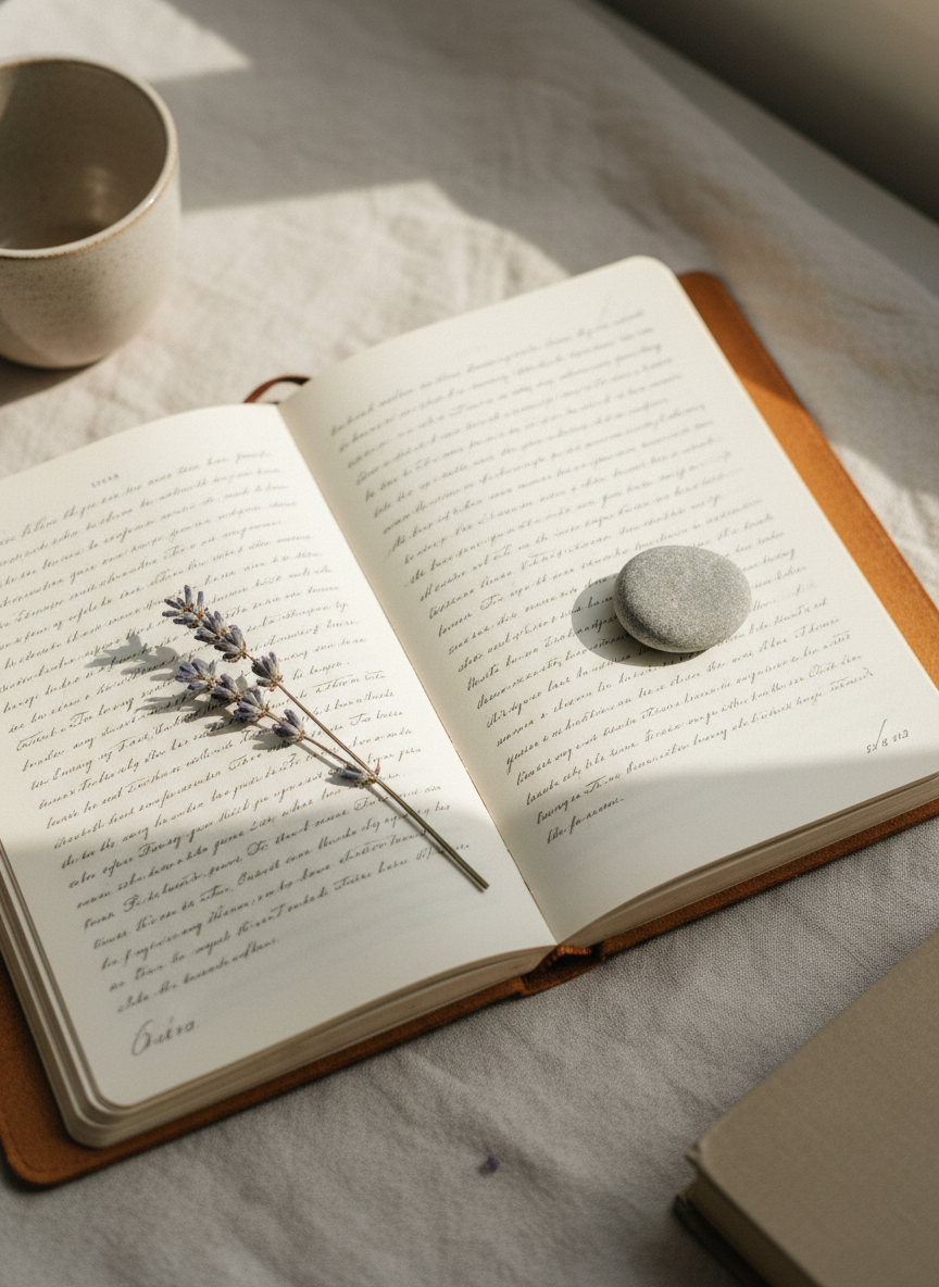 An open journal on a pale linen cloth, its creamy pages filled with faint, handwritten lines that are just out of focus, suggesting private reflections. A small, smooth river stone rests on one page, symbolizing groundedness, while a sprig of dried lavender lies across the other, adding a soft, soothing touch. The journal is surrounded by negative space, with only the edge of a ceramic cup and the corner of a closed book visible at the frame’s periphery. Shot from a slightly elevated angle in diffused afternoon light, the scene feels hushed and protective, with soft shadows and a gentle photographic realism. The overall composition is minimalist and uncluttered, evoking a quiet refuge where one reclaims inner peace after emotional turmoil.