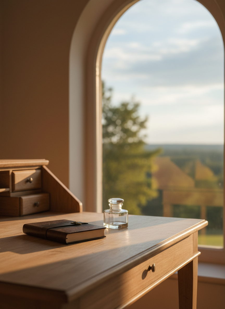 A single elegant writing desk placed near a large window, its pale wooden surface nearly bare except for a closed leather-bound notebook and a glass ink bottle with a subtle sheen. Beyond the window, a softly blurred view of treetops and sky evokes distance from chaos without revealing specific details. Golden hour sunlight spills in, creating a warm, gentle glow across the desk and a thin, luminous edge around the notebook. The photograph is composed using the rule of thirds, with generous negative space that emphasizes stillness. A shallow depth of field keeps the focus on the desk’s surface textures and the quiet symbolism of the notebook. The mood is calm, sovereign, and introspective, suggesting a sanctuary where stories of surviving betrayal are crafted into clear, dignified words.